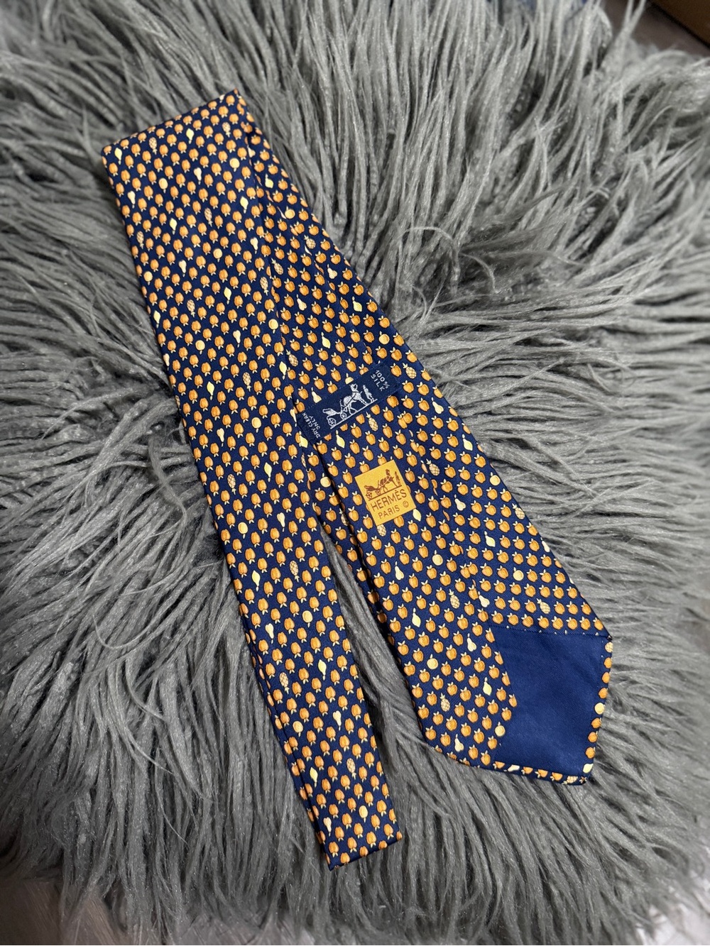 Hermes Men's Classic Navy Tie with Yellow Dot Motif